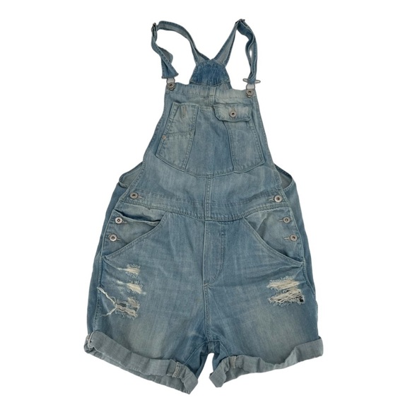H&M &denim Distressed Cuffed Hem Overall Jean Shorts Size 6 Women’s - Picture 1 of 5